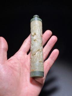 清中期 和田玉籽料 白玉 山水人物楼阁香筒 连碧玉盖座